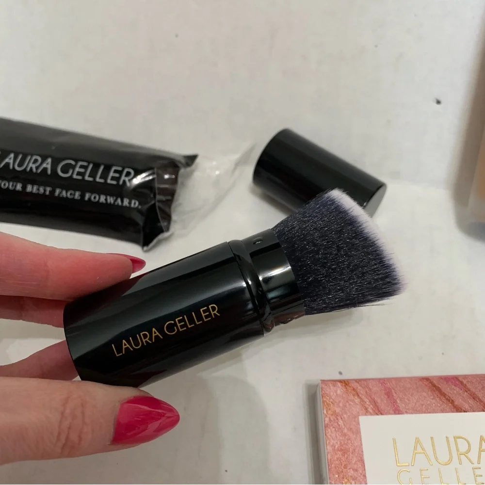 Laura Geller Double Take Foundation Medium, pink buttercream blush, kabuki brush